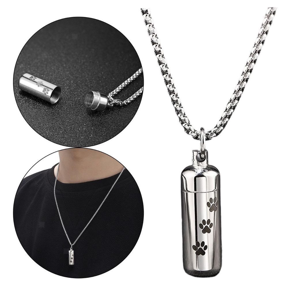 Pet Memorial Cremation Urn Necklace Paw Print Cylinder Pendant Silver Chain, 22"